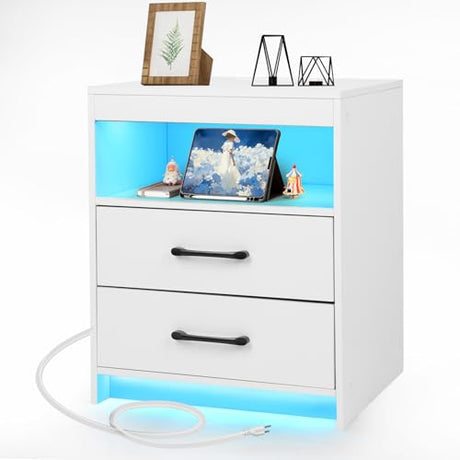 ansefe Night Stand with Charging Station and Ambient Light, LED Nightstand with USB-C Ports and Outlets, Morden Bedside Table with 2 Drawers and Open Compartment, End Table for Bedroom, White ansefe