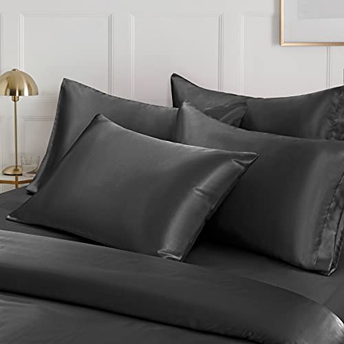 Ersmak 6 Pieces Satin Duvet Cover King Size Luxury Silky Bedding Duvet Cover Set with 1 Soft Duvet Cover, 4 King Pillowcases and 1 Body Pillowcase, Black Ersmak