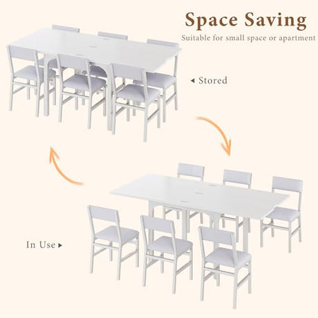 7-Piece Dining Table Set for 4-6, Extendable Kitchen Table Cushion Chairs Set of 6 with 6 Chairs, Rectangle Dining Table with Metal Frame & MDF Board, Folding for Small Apartment Saving Space, White HUAHUU