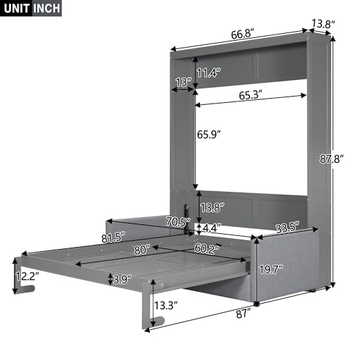 P PURLOVE Queen Wood Murphy Bed with Sofa, Wall Bed Without Slats, No Box Spring Needed (Gray) P PURLOVE
