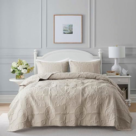 B2EVER Beige Damask Quilt Twin Size Bedding Sets with 1 Pillow Sham, Boho Bedspread Lightweight Soft Farmhouse Vintage Bohemian Coverlet Retro Jacquard Pattern Bed Cover for All Season, 2 Pieces B2EVER