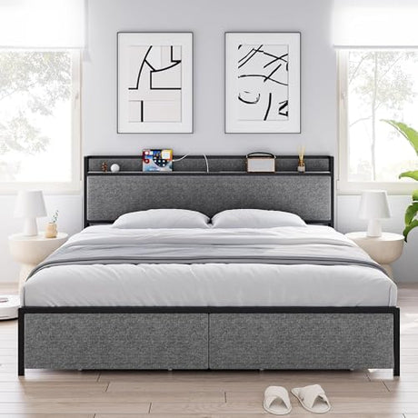 GarveeHome King Size Bed Frame with USB Ports and 2 Storage Drawers, Modern Platform Bed with Upholstered Shelf Headboard, Sturdy, Noise Free, No Box Spring Needed, Gray GarveeHome