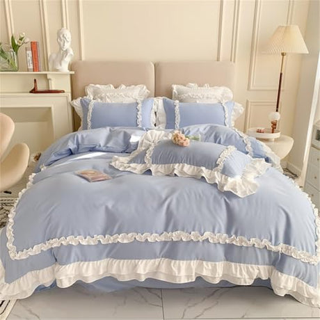 Girls Lace Bedding, Full Comforter Cover Set, Chic Ruffled Duvet Cover with 2 Layers Ruffle,Princess Style 1 Duvet Cover with 2 Pillowcases, No Comforter-Blue,Full SOUKECHY