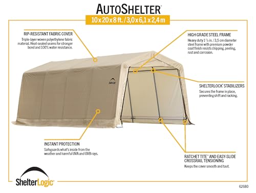 ShelterLogic 10' x 20' x 8' Peak Style Roof Instant Garage Carport Car Canopy with Steel Frame and Waterproof UV-Treated Cover, Sandstone ShelterLogic