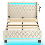 Rolanstar Queen Bed Frame with LED Light and Charging Station, Upholstered High Headboard and Footboard, Wood Slats, Noise Free, Easy Assembly, Beige Rolanstar
