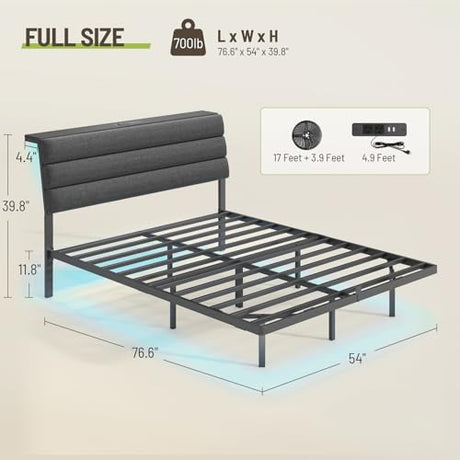 STHYTON Floating Bed Frame Full, Platform Bed with LED Lights & Charging Station, Ergonomic Storage Headboard, Heavy Duty Metal Slats, No Box Spring Needed, Easy Assembly, Dark Gray STHYTON