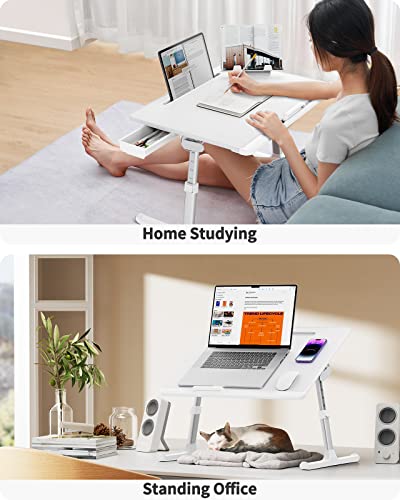 Laptop Bed Tray Table, SAIJI Adjustable Bed Desk for Laptop, Foldable Laptop Stand with Storage Drawer for Eating, Working, Writing, Gaming, Drawing (White, X-Large) SAIJI