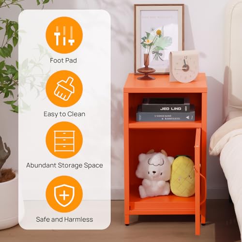 ALBAD Compact Metal Nightstand with Lockable Cabinet and Open Shelf, Modern Bedside Table, Versatile Side Table for Bedroom, Living Room, or Office (Orange, 26" H-Lockable Door) ALBAD