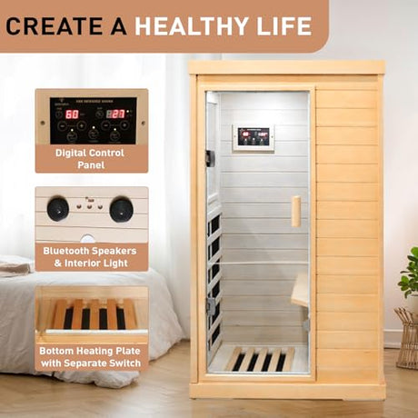 Lamar Far Infrared Sauna with Red Light Therapy, Low EMF Personal Sauna for Home, Canadian Hemlock Wood, Bluetooth Speakers, Digital Control Panel, Indoor Luxury Spa for House and Gym Lamar