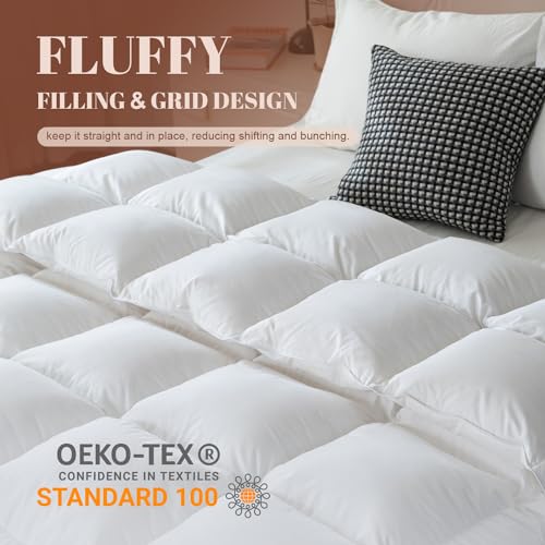 WhatsBedding Queen Size Feather Comforter, Filled with Feather and Down Fiber, White All Season Duvet Insert - Luxurious Hotel Bed Comforter - 100% Cotton Cover, Medium Warmth with Corner Tabs - 90x90 WhatsBedding