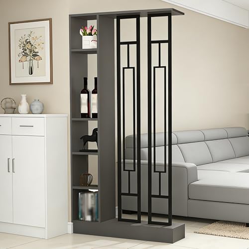 Wall Room Divider - Freestanding Wood Room Divider with Shelves, Wall Divider with Storage Cabinet, Easy Assembly Freestanding Decor for Bedroom, Office (Grey+Black, 31.5IN) Horseo