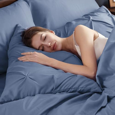 Bedsure Queen Comforter Set Slate Blue - Bed in a Bag Queen Size Bedding 7 Pieces, GentleSoft™ Pintuck Bed Set Gift for Family, Pinch Pleat All Season Comforter with Sheets, Pillowcases & Shams Bedsure