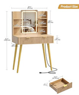 Zeibospri 29.5" Small Makeup Vanity with Adjustable Light Mirror, Fluted Vanity Table with 2 Drawer & 4 Open Storage Shelf, 3 Light Modes and Brightness, for Woman and Girls, Bedroom,Natural Oak Zeibospri