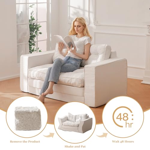 YOSHOOT Loveseat Sleeper Sofa,55" Convertible Sofa Bed Couch Futon Couches for Living Room,3-in-1 Pull Out Floor Couch with Backrest and Pillows, White YOSHOOT