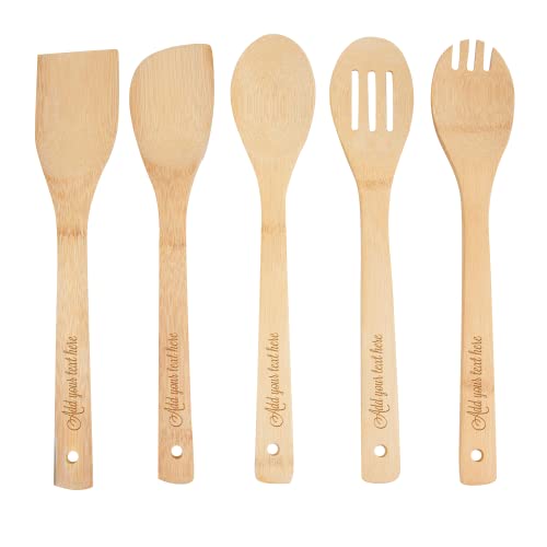 PrintSupremacy Custom Engraved Bamboo Cooking Spoons Set, Non Stick Wooden Kitchen Gadget Pan Cookware, Baking Gift for Housewarming Wedding Birthday, Chef Foodie Gift (Custom, 5 Pieces) - WoodArtSupply