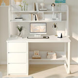 MaverickFurni 60 Inch Computer Desk with Shelves & Hutch, Home Office Desk with 3 Storage Drawers for Bedroom Work, Study Writing Table for Small Spaces, Adjustable feet, White MaverickFurni