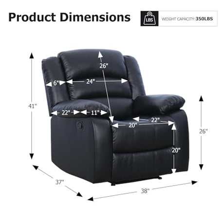 EBELLO Classic Manual Recliner Chair, Faux Leather Recliner Sofa with Overstuffed Arms and Back Single Reclining Couch for Living Room, Bedroom, Black EBELLO
