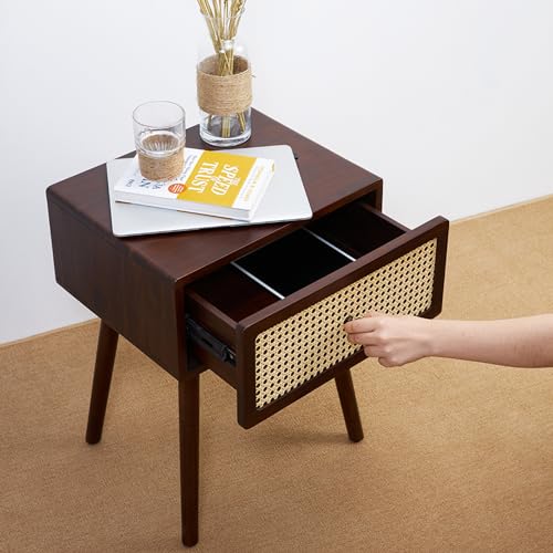 Bme Nipe Solid Wood and Rattan Boho Nightstand with Drawer, Walnut Finish Bme