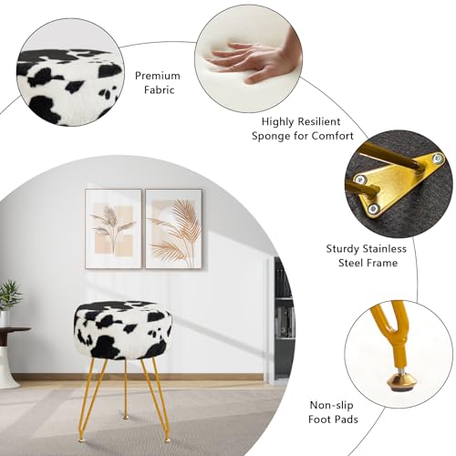 Velvet Vanity Stool Chair, Modern Ottoman Foot Rest Stool with Adjustable Golden Legs, Makeup Chair for Vanity, Multifunctional Makeup Stool for Vanity, Small Vanity Chair for Bedroom, Cow - WoodArtSupply