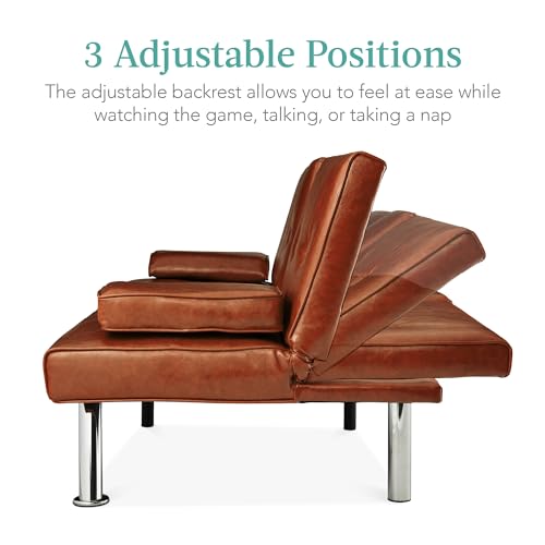 Best Choice Products Faux Leather Upholstered Modern Convertible Futon, Adjustable Folding Sofa Bed, Guest Bed w/Removable Armrests - Medium Brown Best Choice Products