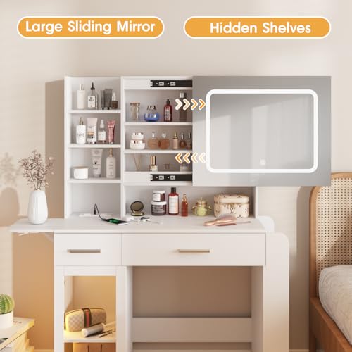 Vabches Vanity Desk with Mirror and Lights, Makeup Vanity with Charging Station, Vanity Table with Drawers, Shelves and Large Storage Cabinet for Home and Bedroom Vabches
