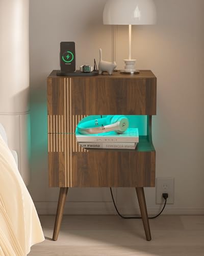 JOONEE Nightstand with Charging Station and LED Lights,Modern Bedside Table with 2 Storage Drawer,Night Stand with Solid Wood Legs,White (Walnut Brown) JOONEE