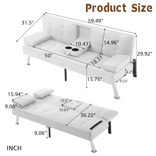 Anwick Convertible Folding Futon Sofa Bed,Modern PU Leather Sleeper Love Seat with 3 Reclining Backrest & Cup Holders,67" Comfy Sofa Couches for Living Room Small Home Office (White) Anwick
