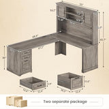 SEDETA Farmhouse L Shaped Desk with Hutch and 3 Drawers, 68.9" Executive Office Desk with File Drawer and Power Outlet, Corner Computer Desk with Storage Shelves for Home Office (Grey) SEDETA
