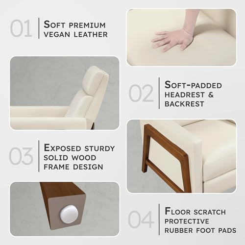 Lexicon Push Back Recliner Chair, Faux Leather Upholstered Reclining Chair with Footrest, Exposed Dark Brown Finish Wood Frame, Small Recliner for Small Space, Living Room, Bedroom, Light Beige