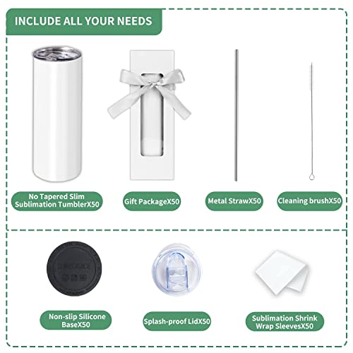 50 Pack Sublimation Tumblers 20 oz Skinny bulk,Stainless Steel Double Wall Insulated Straight Sublimation Tumbler Cups Blank White with Lid,Individually Box,Polymer Coating for Heat Transfer ZONEGRACE