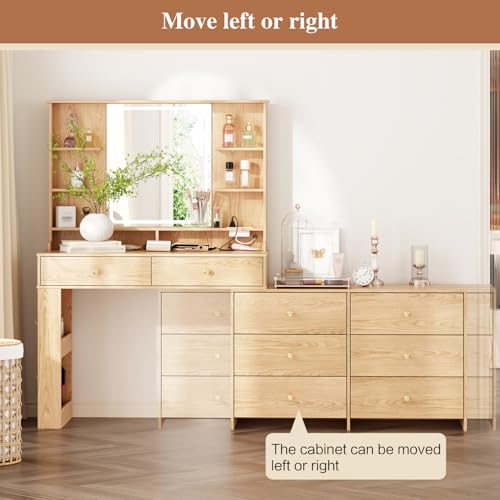 Ieejdn Large Makeup Vanity Desk with Mirror and Lights, Vanity Desk with 8 Drawers & Storage Shelves, Vanity Table with Power Outlet, 3 Color Modes & Adjustable Brightness Dressing Table, Bedroom,Oak Ieejdn
