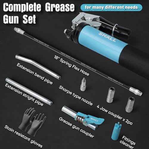 SHALL Grease Gun, 7000 PSI Heavy Duty Pistol Grip Grease Gun Kit w/Grease Gun Coupler, 18” Spring Flex Hose, Reinforced Coupler, 2 Extension Rigid Pipe, Sharp Nozzle, Fittings Cleaner | 14oz Load SHALL