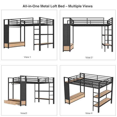 ICIUIOIR Queen Loft Bed Frame with Shelves, Drawers, Pegboard and Wardrobe, All-in-One Black Storage Loft Beds for Adults, MDF + Metal Bed Frame, Space-Saving Design for Bedroom/Queen ICIUIOIR