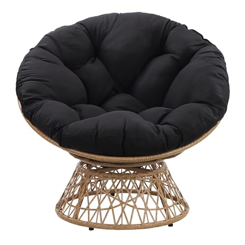 OSP Home Furnishings Wicker Papasan Chair with 360-Degree Swivel, Natural Frame with Black Cushion OSP Home Furnishings