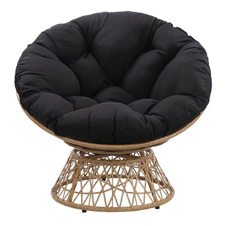 OSP Home Furnishings Wicker Papasan Chair with 360-Degree Swivel, Natural Frame with Black Cushion OSP Home Furnishings