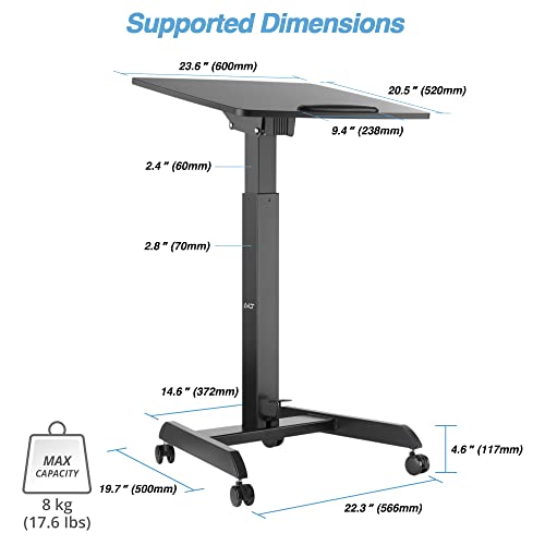 AVLT 47" Height Adjustable Mobile Workstation with Tilting Desk (3 ft 11 inches) - Foot Pedal Pneumatic Standing Desk Cart - Mobile Laptop Cart - Mobile Black Cart with Brake Casters AVLT