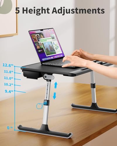 SAIJI Laptop Bed Tray Table, Adjustable PVC Leather Laptop Bed Table, Portable Standing Desk with Storage Drawer, Foldable Lap Tablet Table for Sofa Couch Floor (Dark Black) SAIJI