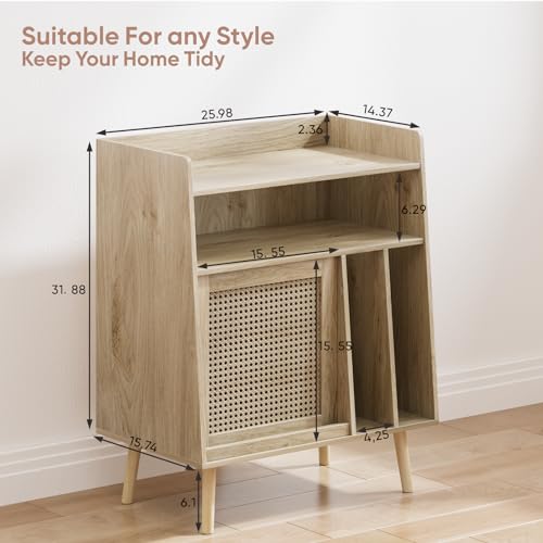Large Record Player Stand with Open Shelf Storage Cabinet, Vinyl Record Storage Side Table with Rattan Magazine Rack, Turntable Stand Vinyl Record Holder with Solid Wood Legs for Living Room, Bedroom Mino Kesper