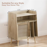 Large Record Player Stand with Open Shelf Storage Cabinet, Vinyl Record Storage Side Table with Rattan Magazine Rack, Turntable Stand Vinyl Record Holder with Solid Wood Legs for Living Room, Bedroom Mino Kesper