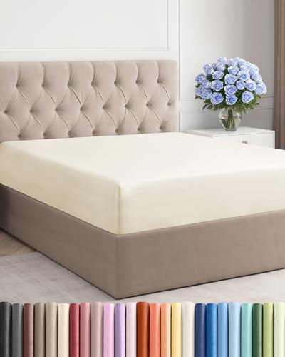 Queen Fitted Bed Sheet - Bottom Single Fitted Sheet Only - Soft Hotel Luxury Bedding w/ 8-16 Inch Deep Pockets - Breathable, Cooling & Wrinkle Free - Easy-Care, Fade and Shrink Resistant - Off White CGK Unlimited