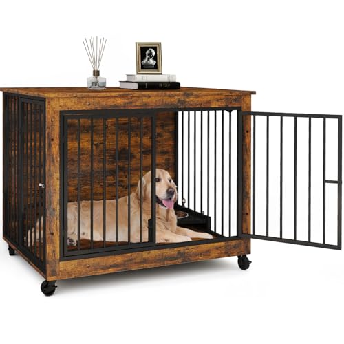 Yafylly 39 Inch Large Wooden Dog Crate Furniture with 180° Rotatable Bowl, Brown Multi-Functional Dog Crate End Table with Wheels, Furniture Dog Crate for Large Dogs with Flip-up Top Opening - WoodArtSupply