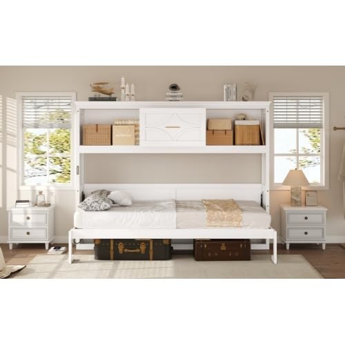 Harper & Bright Designs Twin Size Murphy Bed with Storage Drawer, Open Cabinets and Charging Station, White Harper & Bright Designs