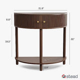 Stead Fluted Half Moon Shaped Console Table - Small Entry Desk - Living Room Furniture - Modern Home Decor - Solid Wood Entryway Table with Two Doors and Brass Knobs (Walnut) Stead
