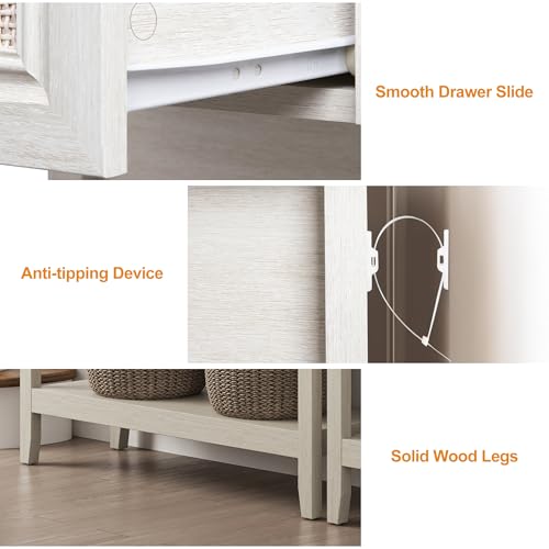RoyalCraft Console Table with Drawers, Small Rattan Wood Entryway Table with Storage, Boho Narrow Long Sofa Table for Living Room, Hallway, Grayish White RoyalCraft