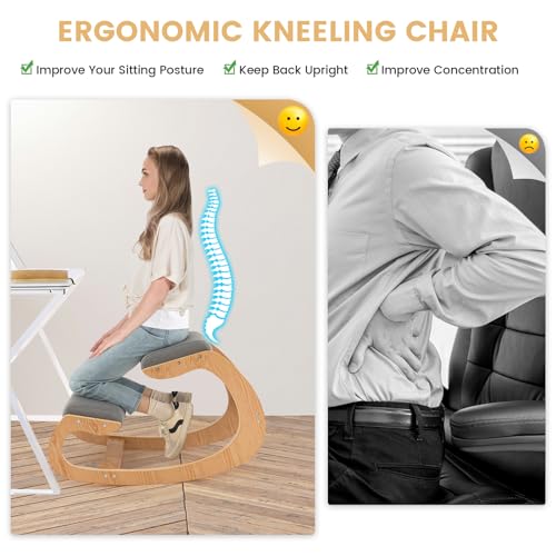 Giantex Ergonomic Kneeling Desk Chair, Rocking Knee Chair with Cushion & Solid Wood Frame, Natural Relief for Neck or Back Pain, Posture Chair for Desk, Home, Office, Max Load 330 Lbs (Grey) Giantex