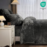 PHF Crushed Velvet Comforter Set King Size, 5-Piece Luxury Winter Bedding Sets with 2 Euro Shams, Heavyweight Warm Fluffy Velvet Bed Spread, Glam Home Decor, Grey PHF