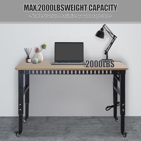 48" Adjustable Workbench with Power Outlets - 2000 LBS Load Capacity, Rubber Wood Top, 6-Level Height Adjustment (26.3" to 35.8") - Heavy-Duty Work Table for Workshop, Garage, Home Yoloyakidra