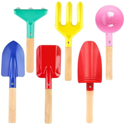 UMUACCAN Beach Toys for Kids, 6 Pcs 8'' Kids Gardening Tools Sand Toys Set, Metal Garden Tools with Sturdy Wooden Handle, Cylinder, Spoon, Fork, Rake, Flat & Pointed Shovel, Gifts for Children