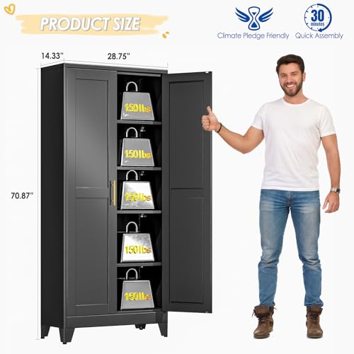 GAIOUS 71" Tall Metal Storage Cabinet with 2 Doors and 4 Adjustable Shelves, Kitchen Pantry Cabinet Black Freestanding Cupboard, 5 Tier Multifunctional Steel Storage for Office, Kitchen, Dining Room GAIOUS