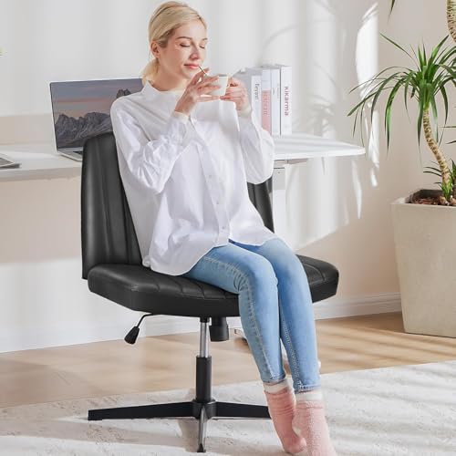 OLIXIS Criss Cross Legged Chairs Armless No Wheels Wide Seat Height Adjustable Swivel Padded PU Leather Home Office Desk Seating for Bedroom, Student, Study Room OLIXIS